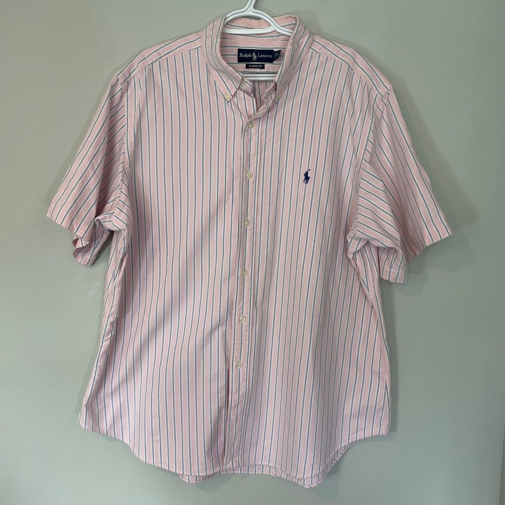 Ralph Lauren Mens XL Classic Fit Striped Short Sleeve Oxford Shirt Pink Blue